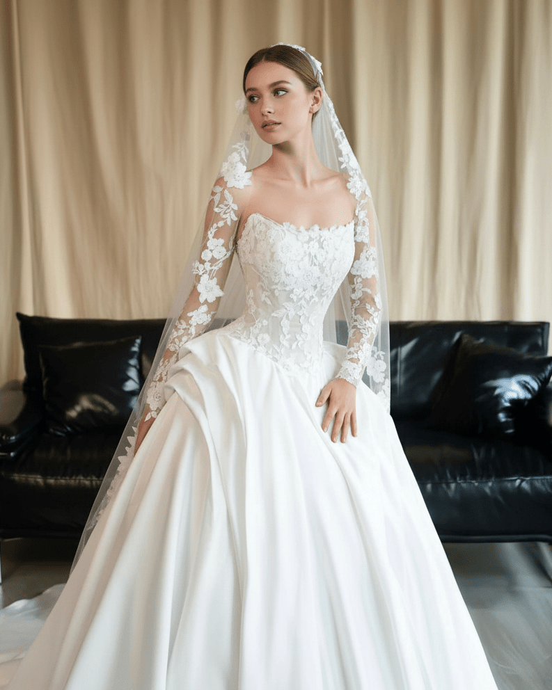 Floral Lace Ball Gown Wedding Dress – Strapless Illusion Bodice, 3D Appliqués & Soft Satin Skirt - Wedding Dress - SilqueBridal