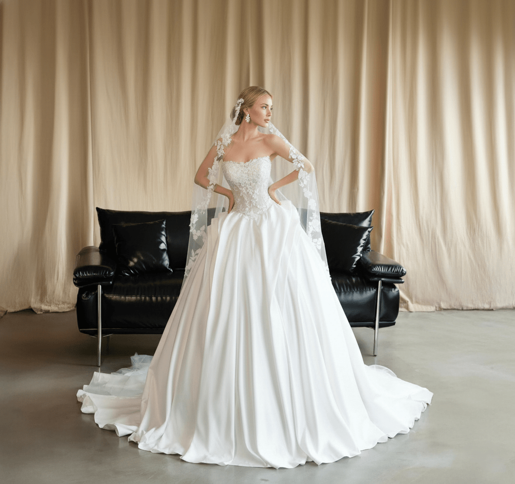 Floral Lace Ball Gown Wedding Dress – Strapless Illusion Bodice, 3D Appliqués & Soft Satin Skirt - Wedding Dress - SilqueBridal