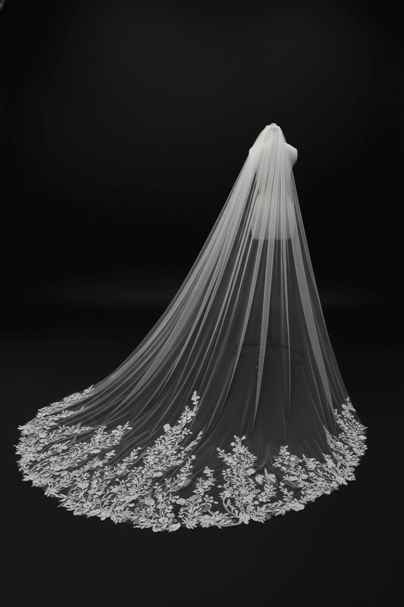 Floral Lace Cathedral Veil – Long Embroidered Wedding Veil | Silque - Wedding Accessories - SilqueBridal