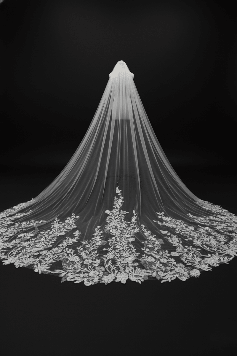 Floral Lace Cathedral Veil – Long Embroidered Wedding Veil | Silque - Wedding Accessories - SilqueBridal