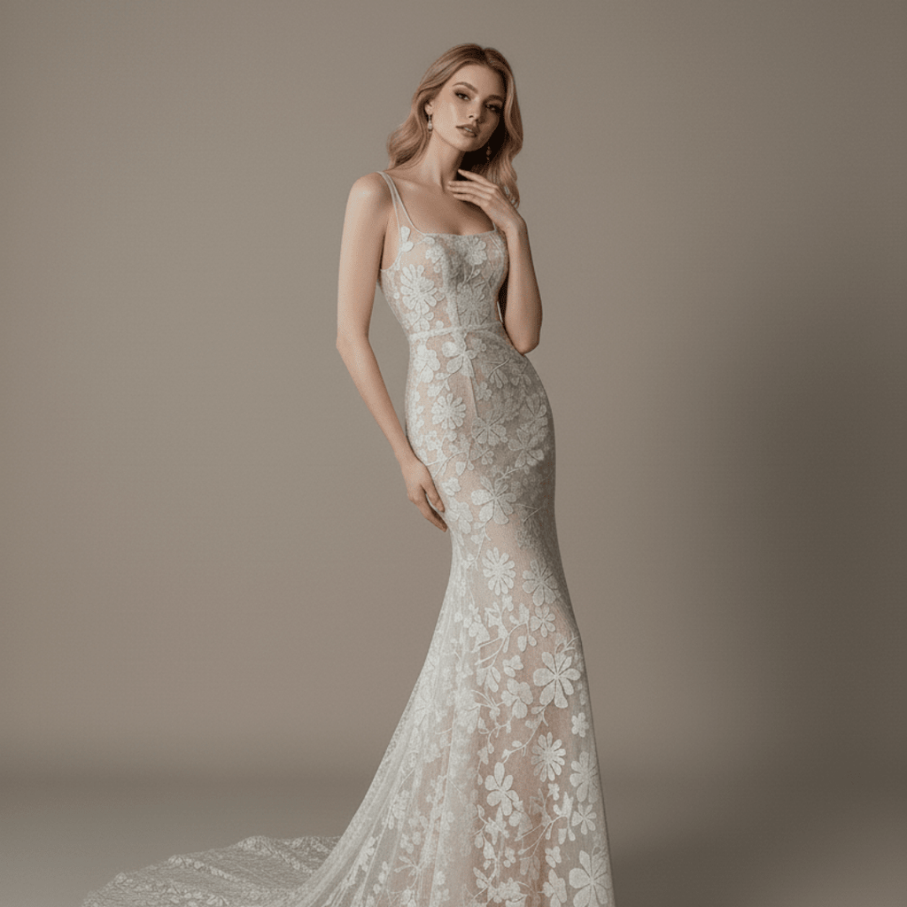 Floral Lace Corset Mermaid Wedding Dress – Sheer Nude Lined Bridal Gown - Wedding Dress - SilqueBridal