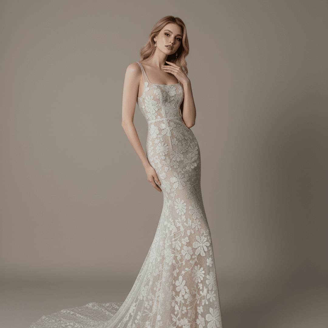 Floral Lace Corset Mermaid Wedding Dress – Sheer Nude Lined Bridal Gown - Wedding Dress - SilqueBridal