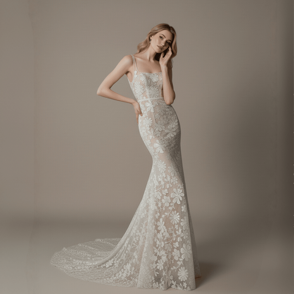 Floral Lace Corset Mermaid Wedding Dress – Sheer Nude Lined Bridal Gown - Wedding Dress - SilqueBridal