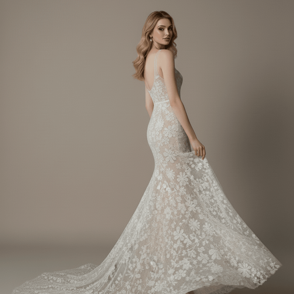 Floral Lace Corset Mermaid Wedding Dress – Sheer Nude Lined Bridal Gown - Wedding Dress - SilqueBridal