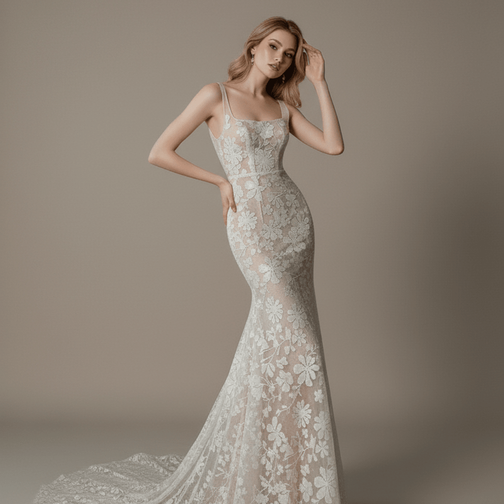 Floral Lace Corset Mermaid Wedding Dress – Sheer Nude Lined Bridal Gown - Wedding Dress - SilqueBridal