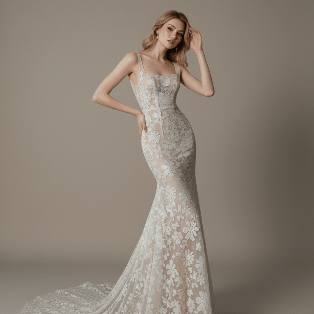 Floral Lace Corset Mermaid Wedding Dress – Sheer Nude Lined Bridal Gown - Wedding Dress - SilqueBridal