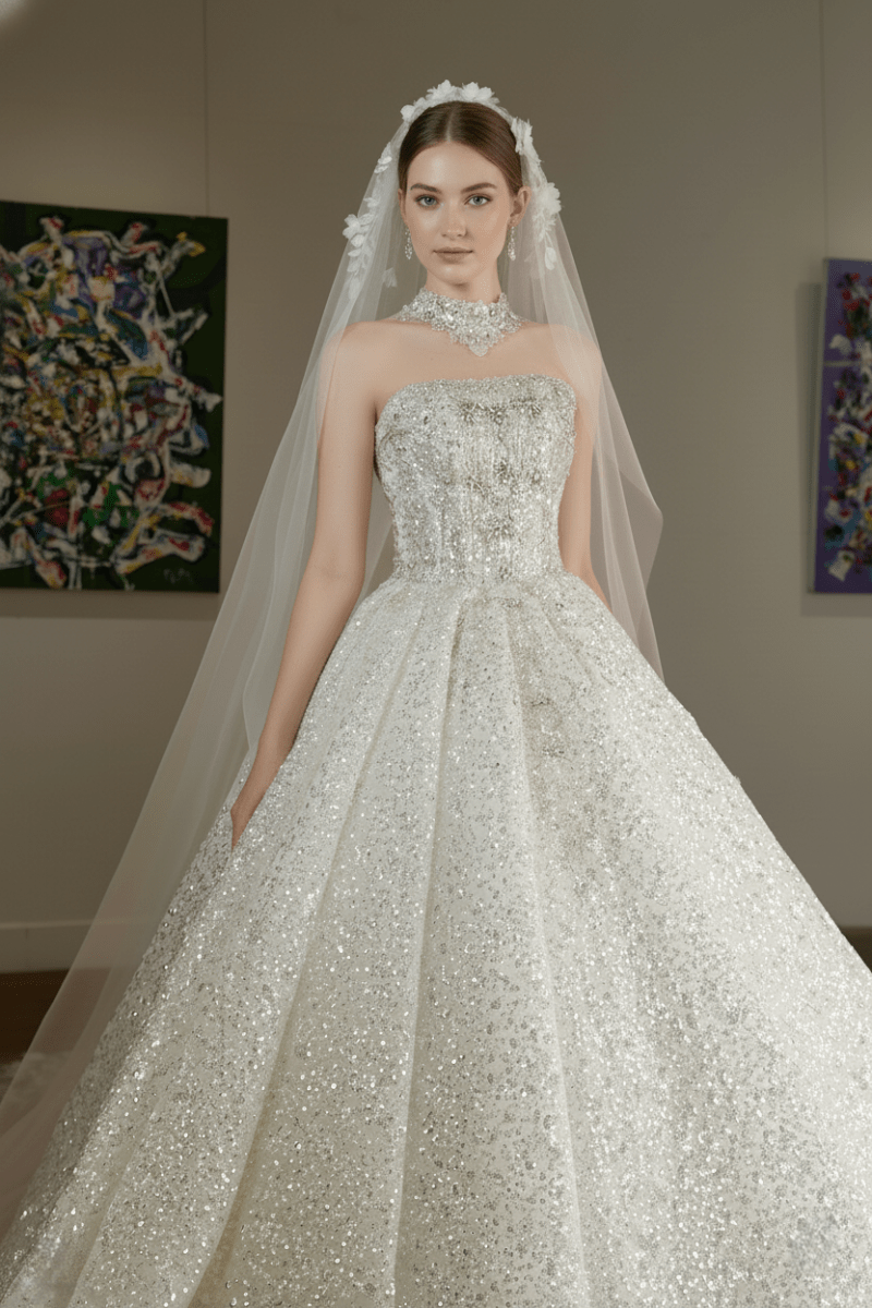 Full Glitter Ball Gown Wedding Dress Strapless Luxury Bridal Gown - Custom Size Full Glitter Ball Gown Wedding Dress Strapless Luxury Bridal Gown - Custom Size