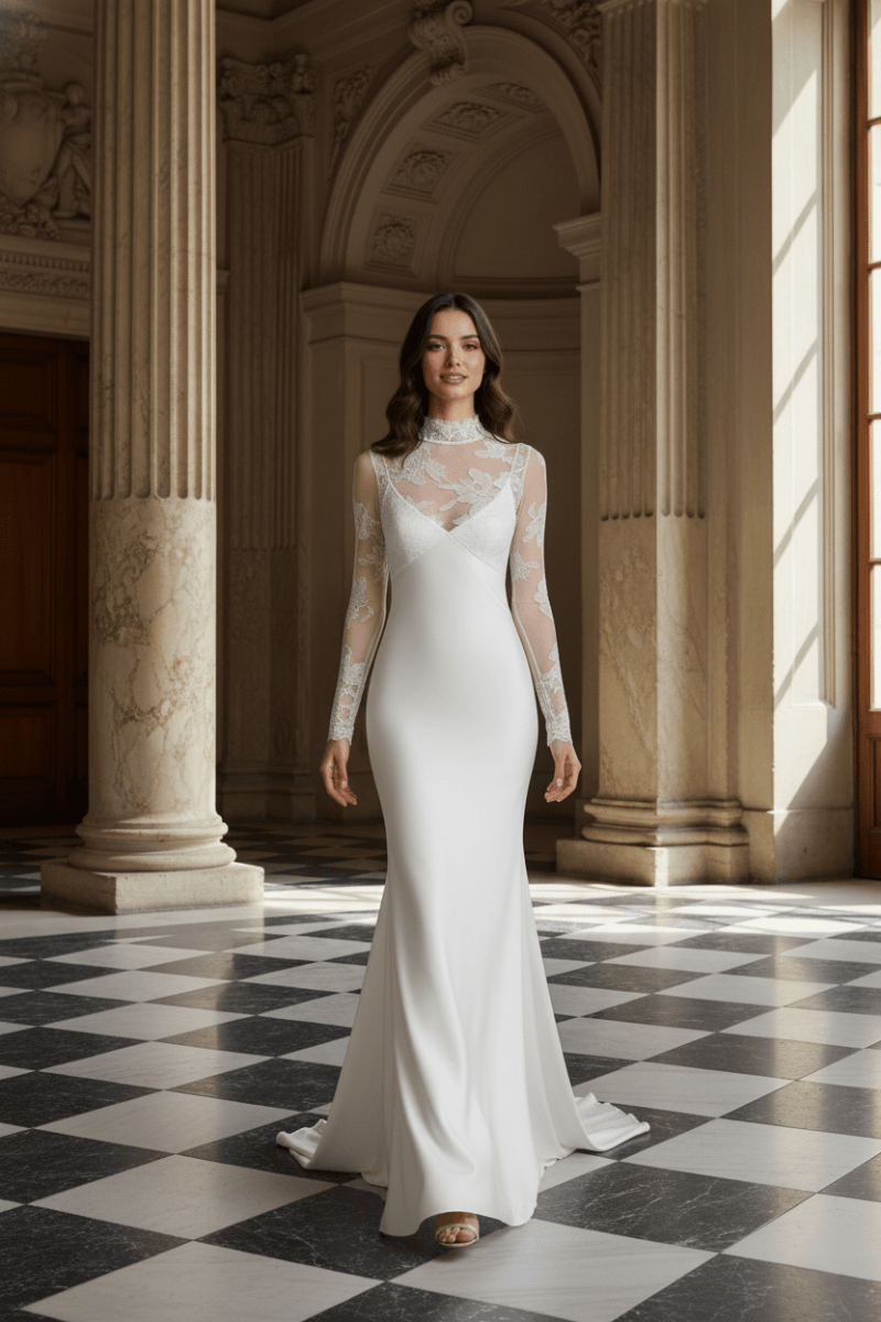 High Neck Lace Wedding Dress Long Sleeve Fitted Elegant Bridal Gown - Wedding Dress - SilqueBridal