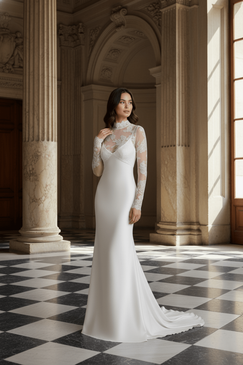 High Neck Lace Wedding Dress Long Sleeve Fitted Elegant Bridal Gown - Wedding Dress - SilqueBridal