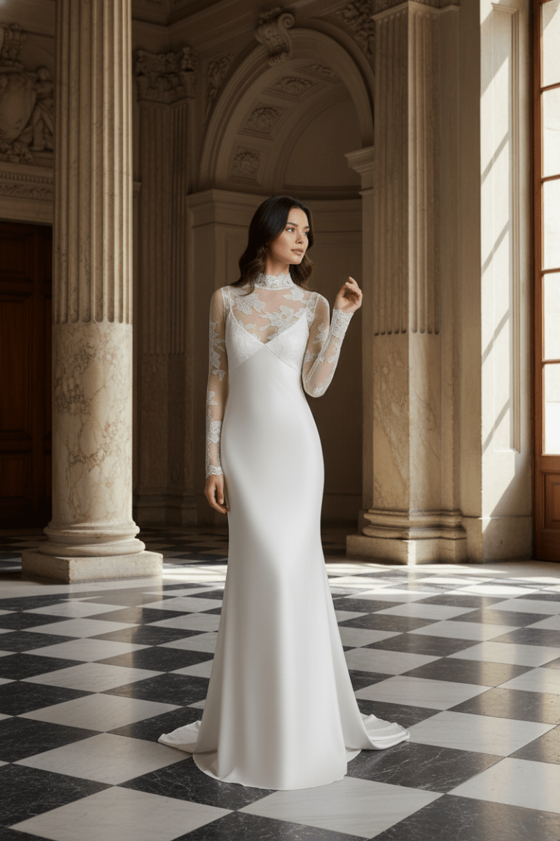 High Neck Lace Wedding Dress Long Sleeve Fitted Elegant Bridal Gown - Wedding Dress - SilqueBridal