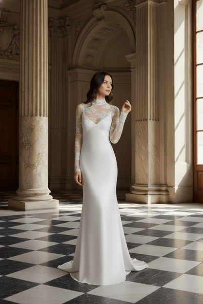 High Neck Lace Wedding Dress Long Sleeve Fitted Elegant Bridal Gown - Wedding Dress - SilqueBridal