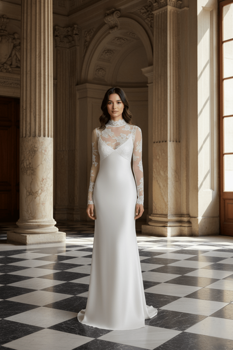 Long Sleeve Lace Wedding Dress High Neck Fitted Bridal Gown SilqueBridal Long Sleeve Lace Wedding Dress High Neck Fitted Bridal Gown SilqueBridal