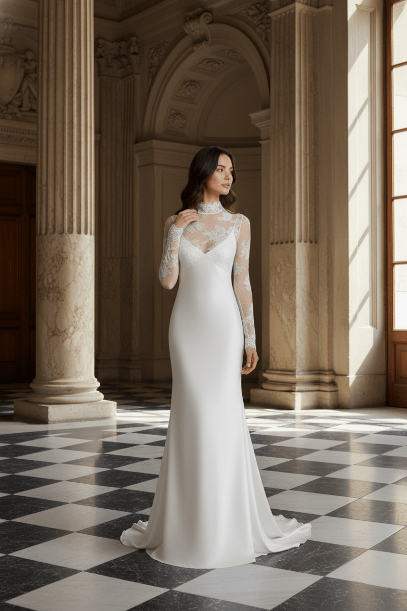 High Neck Lace Wedding Dress Long Sleeve Fitted Elegant Bridal Gown - Wedding Dress - SilqueBridal
