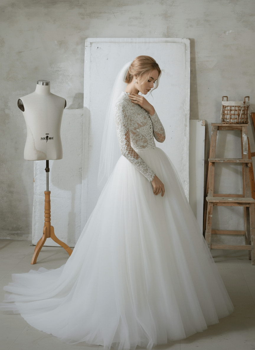 High - Neck Long - Sleeve Lace Ball Gown with Sheer Bodice & Tulle Skirt - Wedding Dress - SilqueBridal