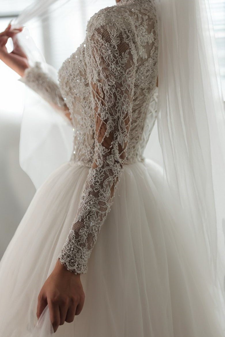 High - Neck Long - Sleeve Lace Ball Gown with Sheer Bodice & Tulle Skirt - Wedding Dress - SilqueBridal
