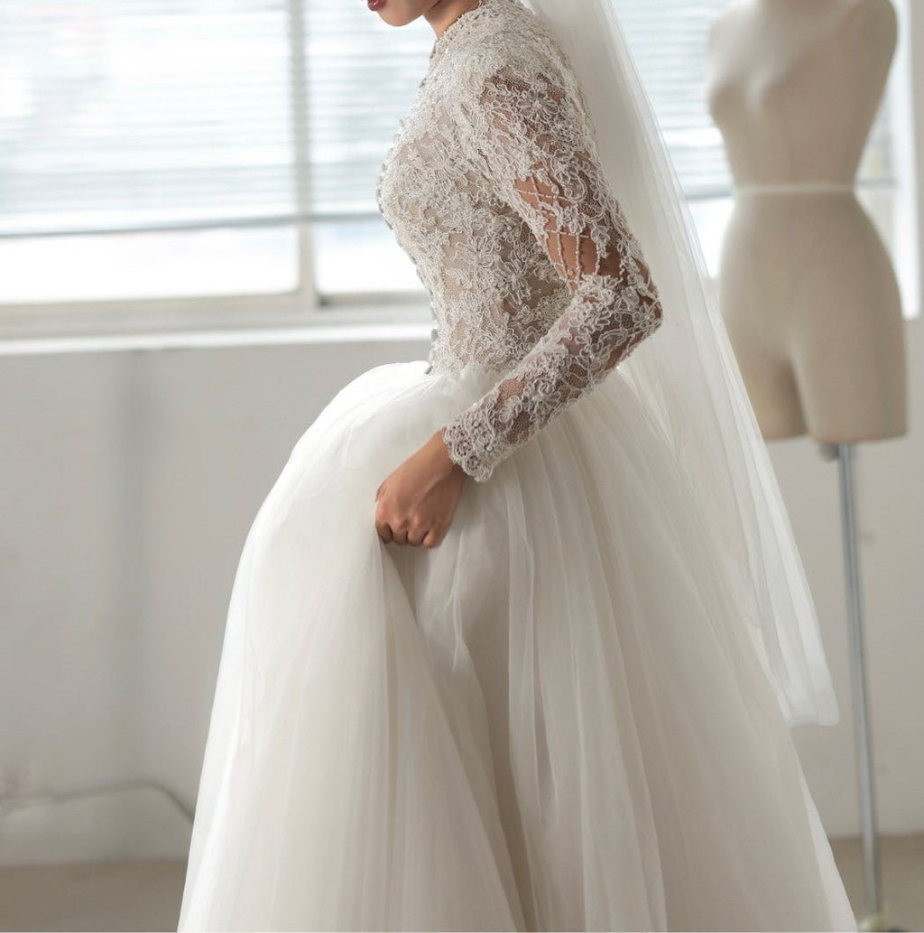High - Neck Long - Sleeve Lace Ball Gown with Sheer Bodice & Tulle Skirt - Wedding Dress - SilqueBridal