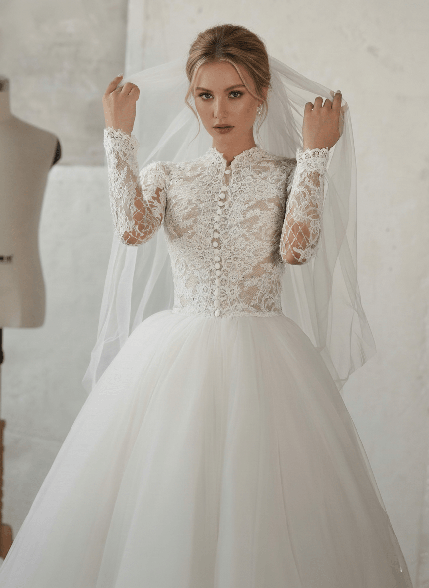 High - Neck Long - Sleeve Lace Ball Gown with Sheer Bodice & Tulle Skirt - Wedding Dress - SilqueBridal
