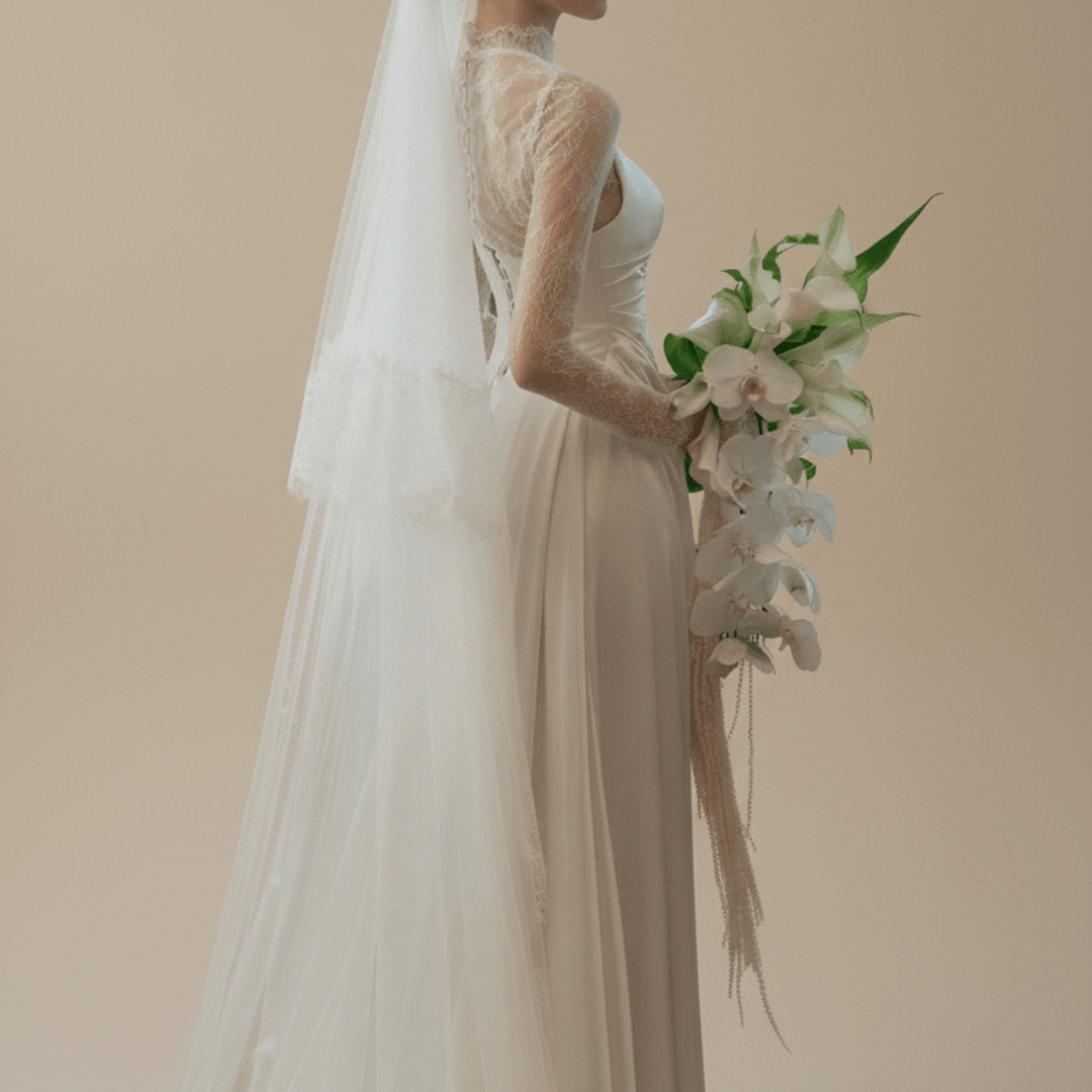 Lace Long Sleeve Satin Wedding Dress with Detachable Overskirt – 2 - in - 1 A - line Bridal Gown - Wedding Dress - SilqueBridal