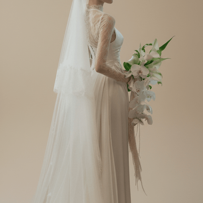 Lace Long Sleeve Satin Wedding Dress with Detachable Overskirt – 2 - in - 1 A - line Bridal Gown - Wedding Dress - SilqueBridal