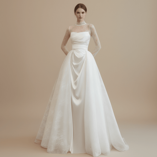 Lace Long Sleeve Satin Wedding Dress with Detachable Overskirt – 2 - in - 1 A - line Bridal Gown - Wedding Dress - SilqueBridal