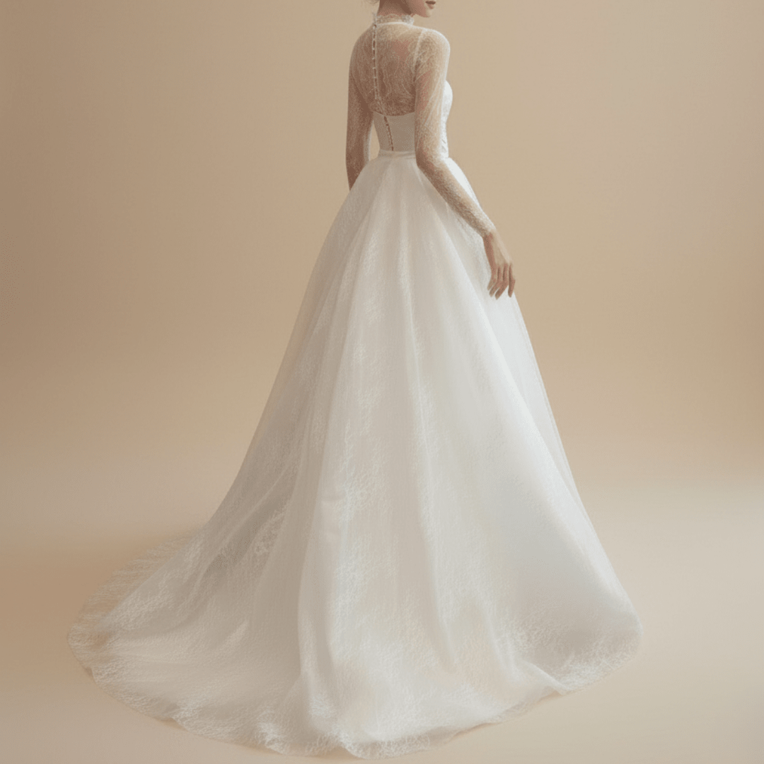 Lace Long Sleeve Satin Wedding Dress with Detachable Overskirt – 2 - in - 1 A - line Bridal Gown - Wedding Dress - SilqueBridal