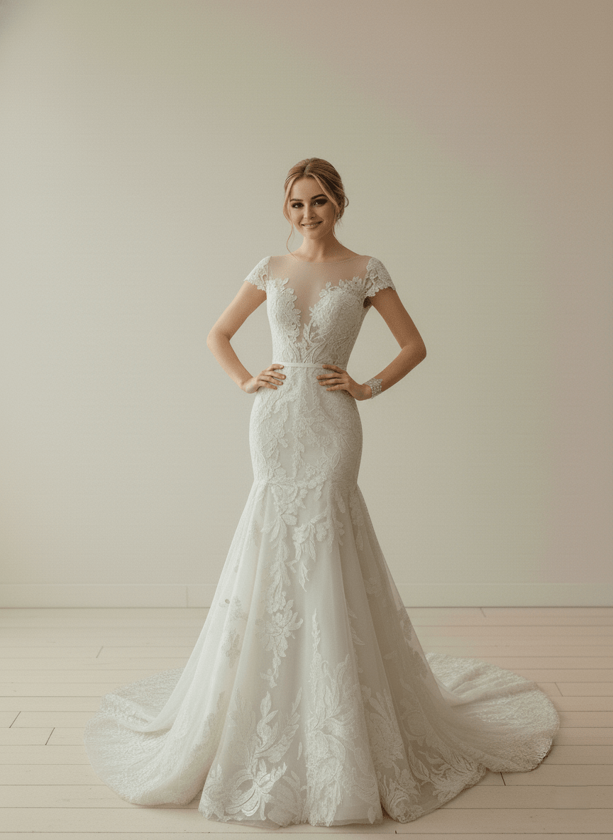 Lace Mermaid Wedding Dress Cap Sleeve Deep V Bridal Gown Romantic Fitted Dress - Wedding Dress - SilqueBridal