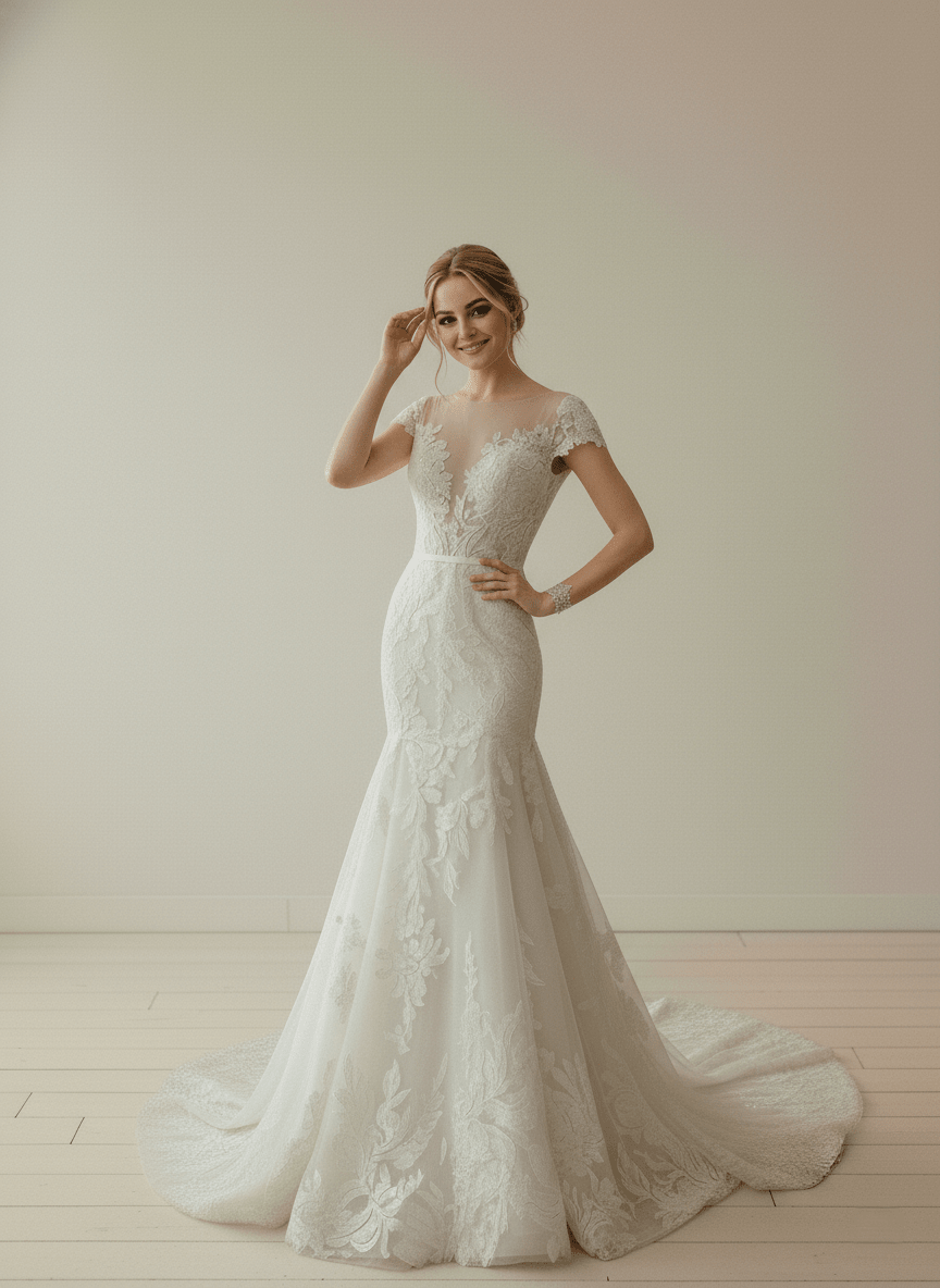 Lace Mermaid Wedding Dress Cap Sleeve Deep V Bridal Gown Romantic Fitted Dress - Wedding Dress - SilqueBridal