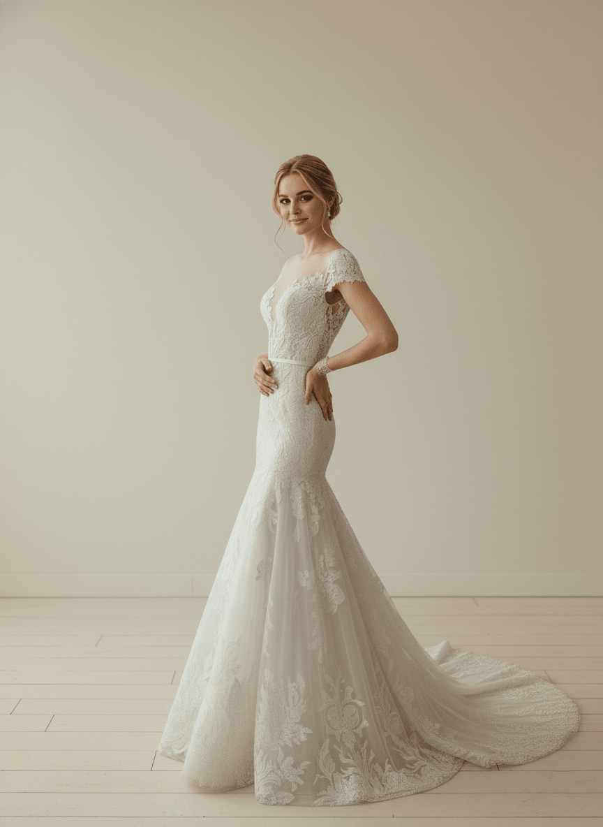 Lace Mermaid Wedding Dress Cap Sleeve Deep V Bridal Gown Romantic Fitted Dress - Wedding Dress - SilqueBridal