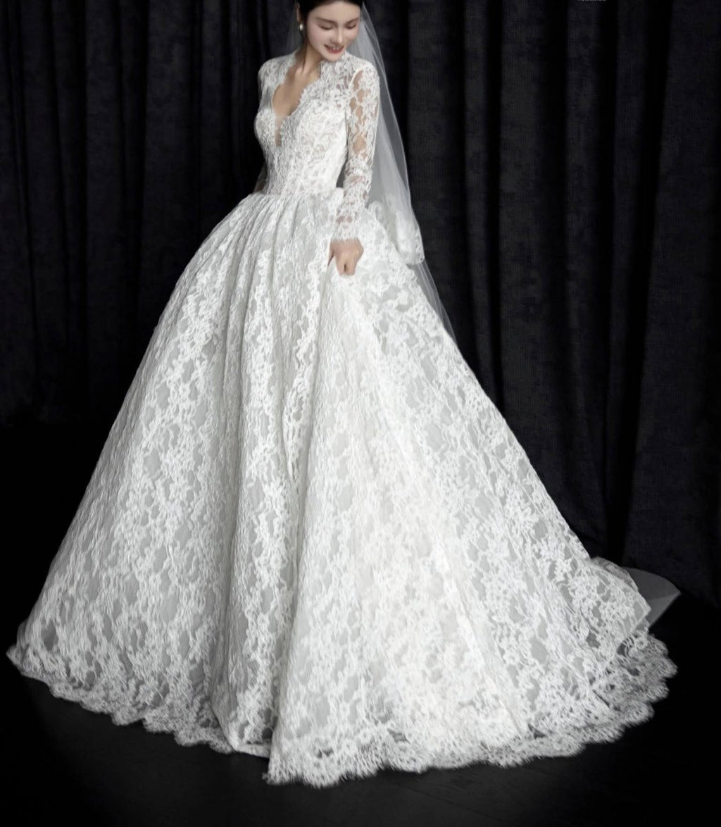 Long Sleeve Lace Ball Gown Wedding Dress – Deep V - Neck Bridal Look - Wedding Dress - SilqueBridal