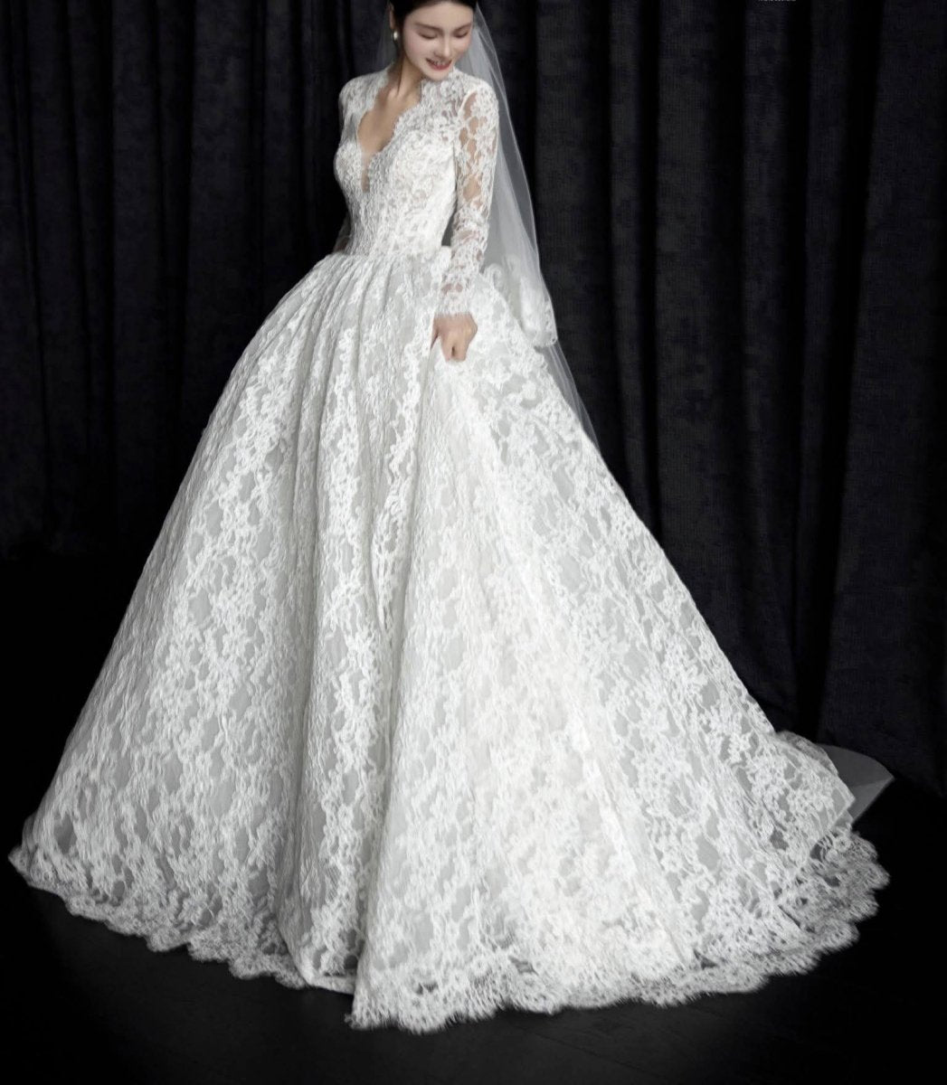 Long Sleeve Lace Ball Gown Wedding Dress – Deep V - Neck Bridal Look - Wedding Dress - SilqueBridal