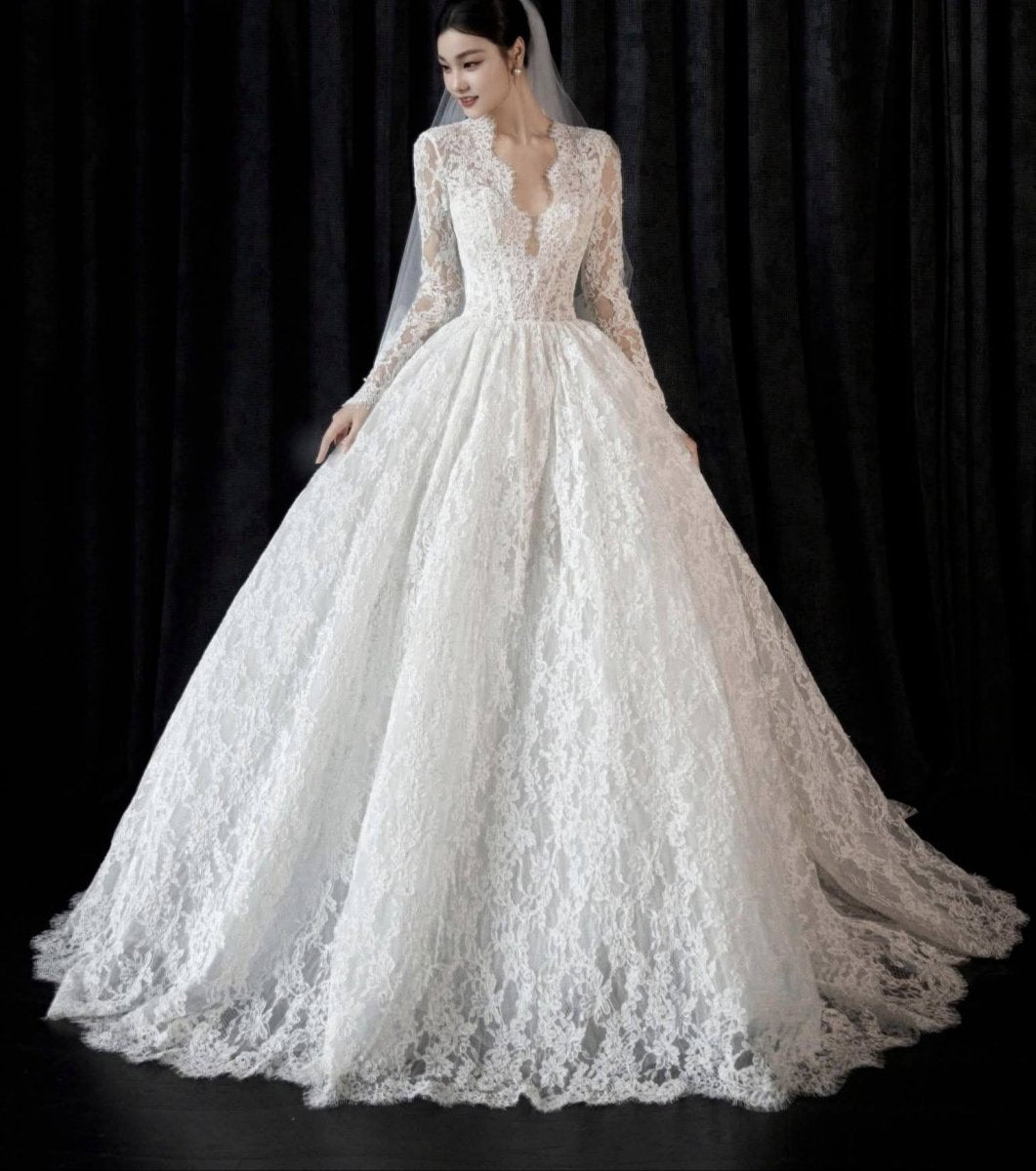 Long Sleeve Lace Ball Gown Wedding Dress – Deep V - Neck Bridal Look - Wedding Dress - SilqueBridal