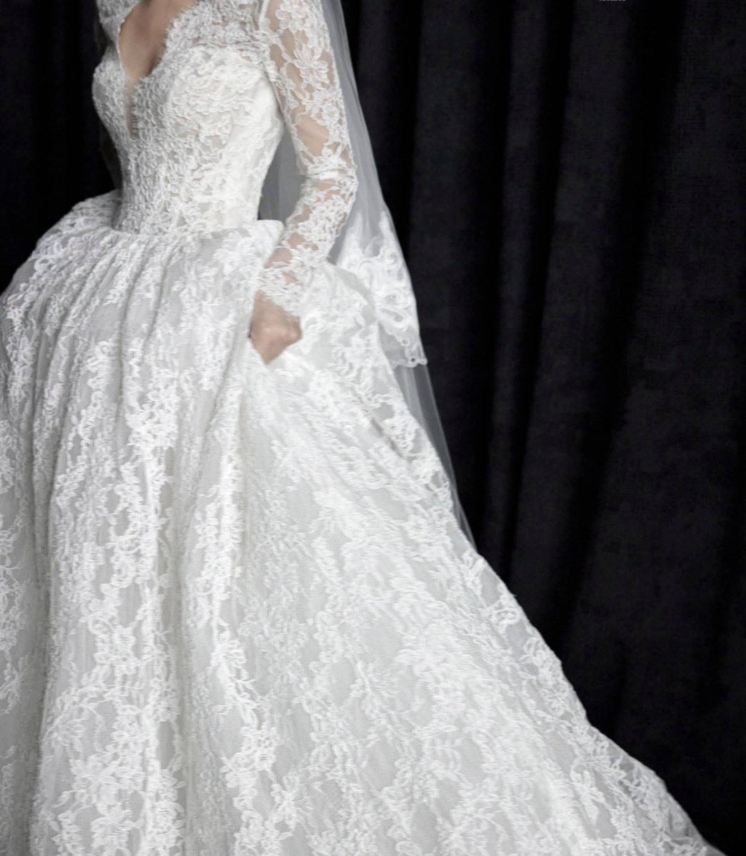 Long Sleeve Lace Ball Gown Wedding Dress – Deep V - Neck Bridal Look - Wedding Dress - SilqueBridal