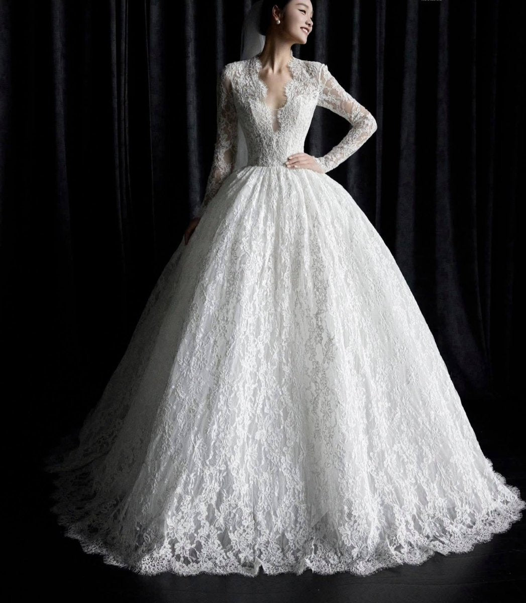 Long Sleeve Lace Ball Gown Wedding Dress – Deep V - Neck Bridal Look - Wedding Dress - SilqueBridal