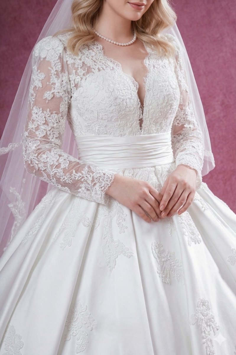 Long Sleeve Lace Ball Gown Wedding Dress V Neck Elegant Princess Bridal Gown – SilqueBridal