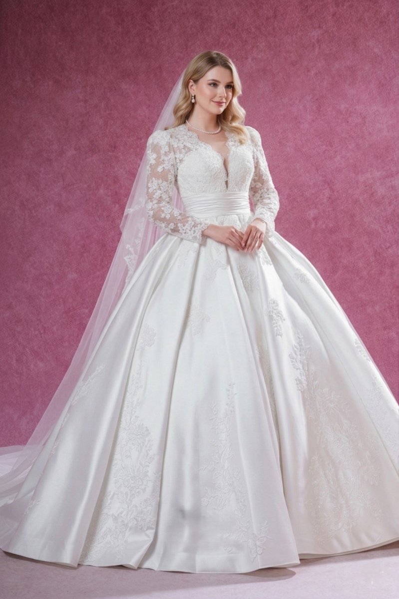 Long Sleeve Lace Ball Gown Wedding Dress V Neck Elegant Princess Bridal Gown Long Sleeve Lace Ball Gown Wedding Dress V Neck Elegant Princess Bridal Gown
