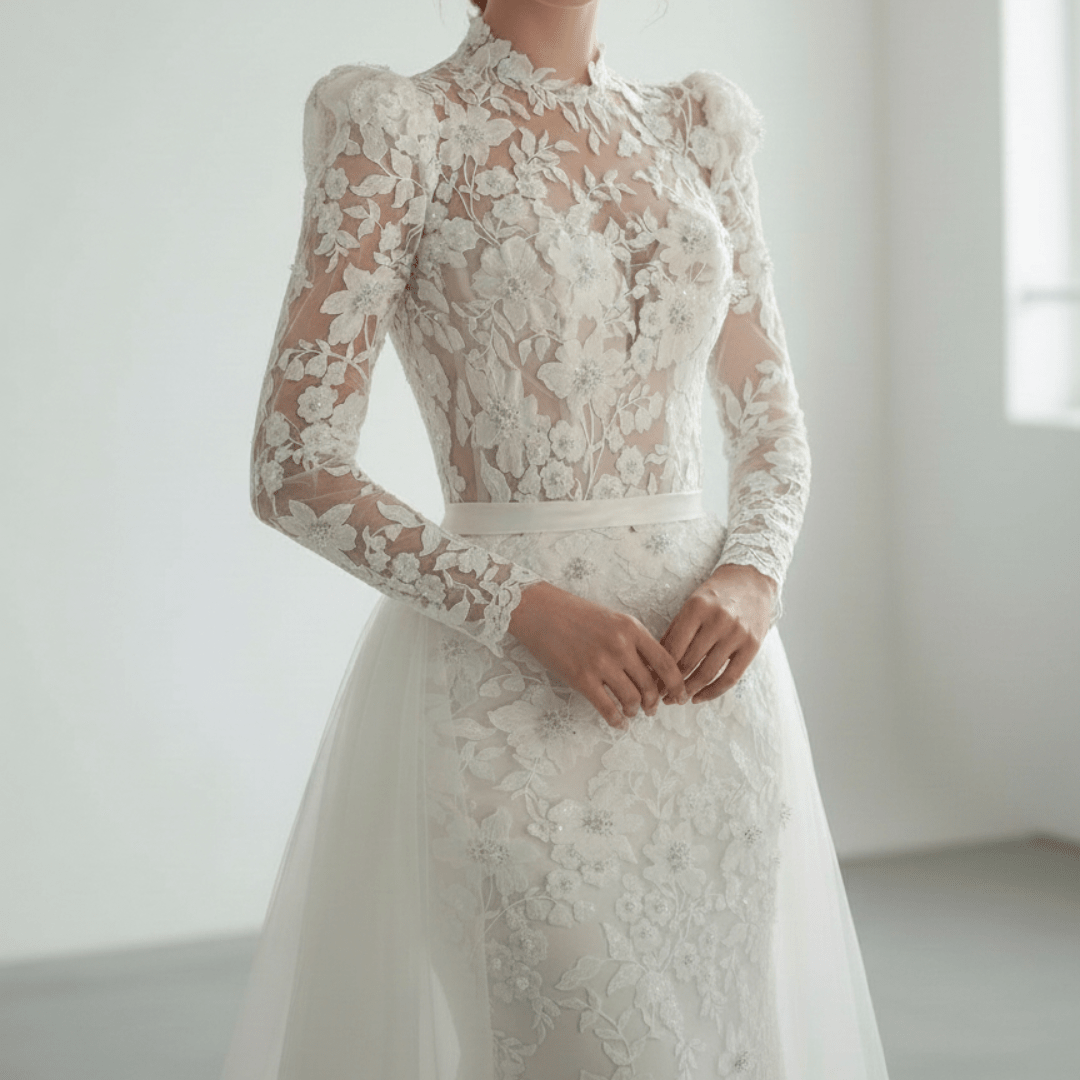 Long Sleeve Lace Mermaid Wedding Dress with Overskirt – Elegant High Neck Bridal Gown | Silque Bridal - Wedding Dress - SilqueBridal