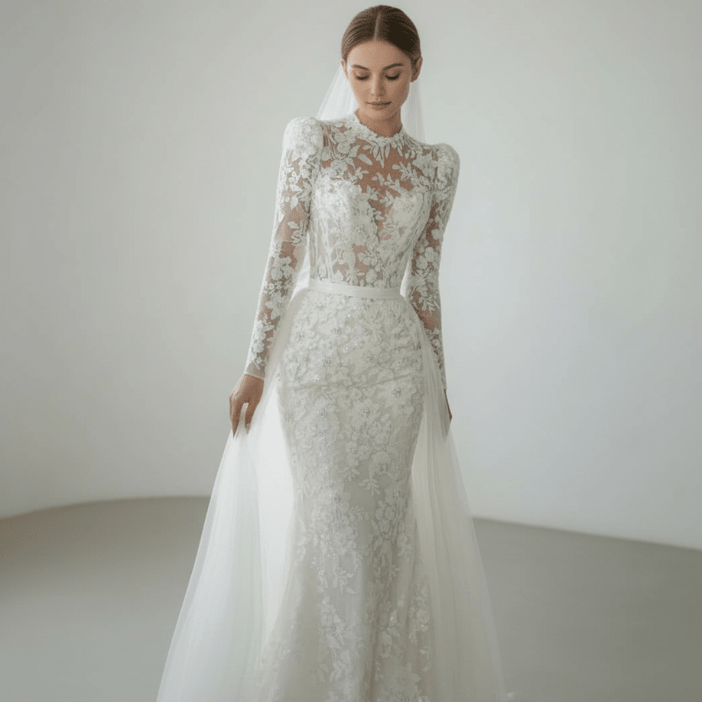 Long Sleeve Lace Mermaid Wedding Dress with Overskirt – Elegant High Neck Bridal Gown | Silque Bridal - Wedding Dress - SilqueBridal
