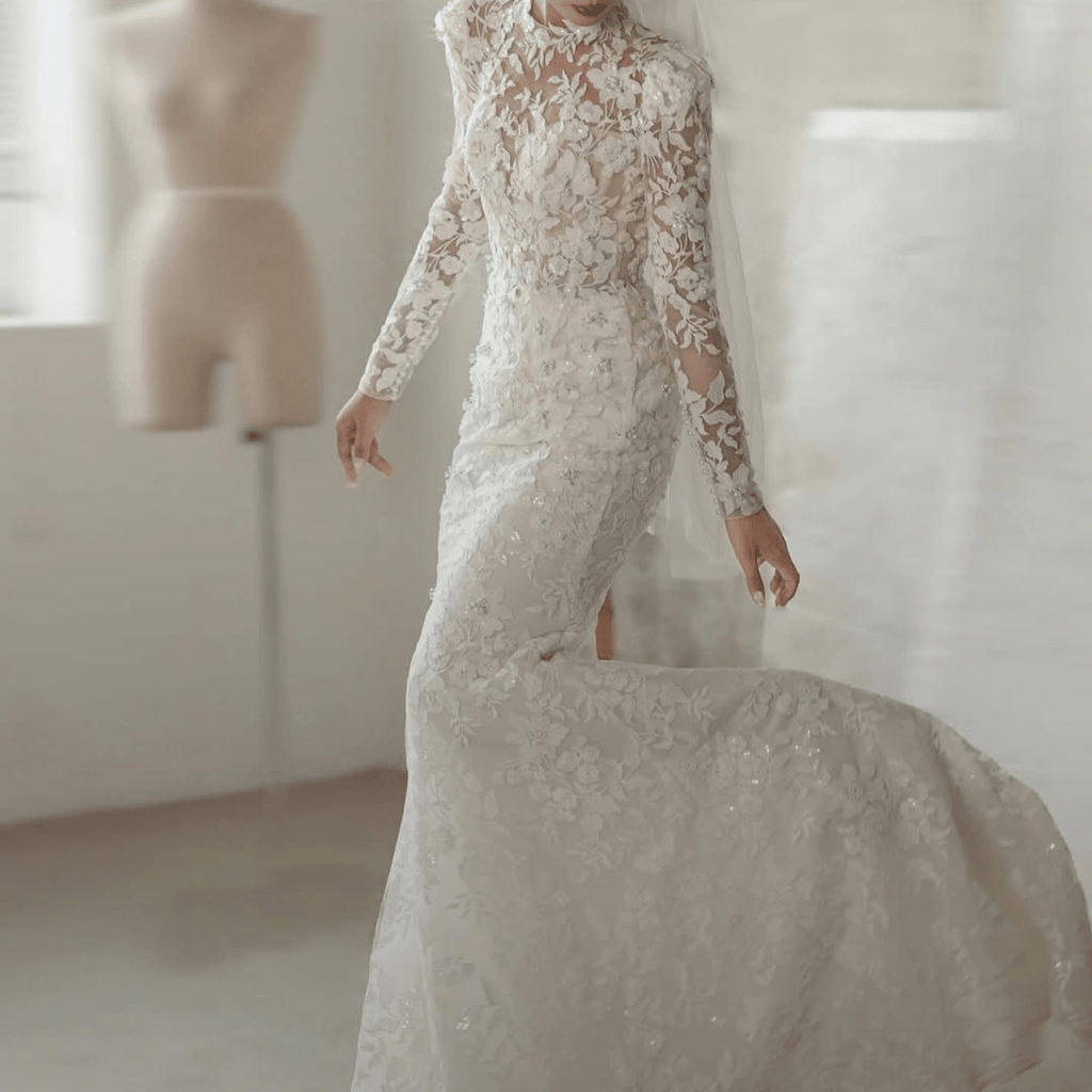 Long Sleeve Lace Mermaid Wedding Dress with Overskirt – Elegant High Neck Bridal Gown | Silque Bridal - Wedding Dress - SilqueBridal