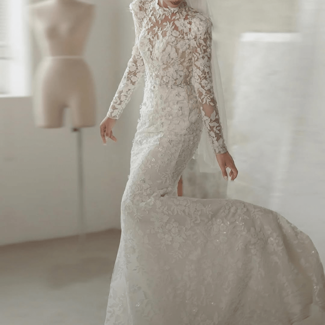 Long Sleeve Lace Mermaid Wedding Dress with Overskirt – Elegant High Neck Bridal Gown | Silque Bridal - Wedding Dress - SilqueBridal
