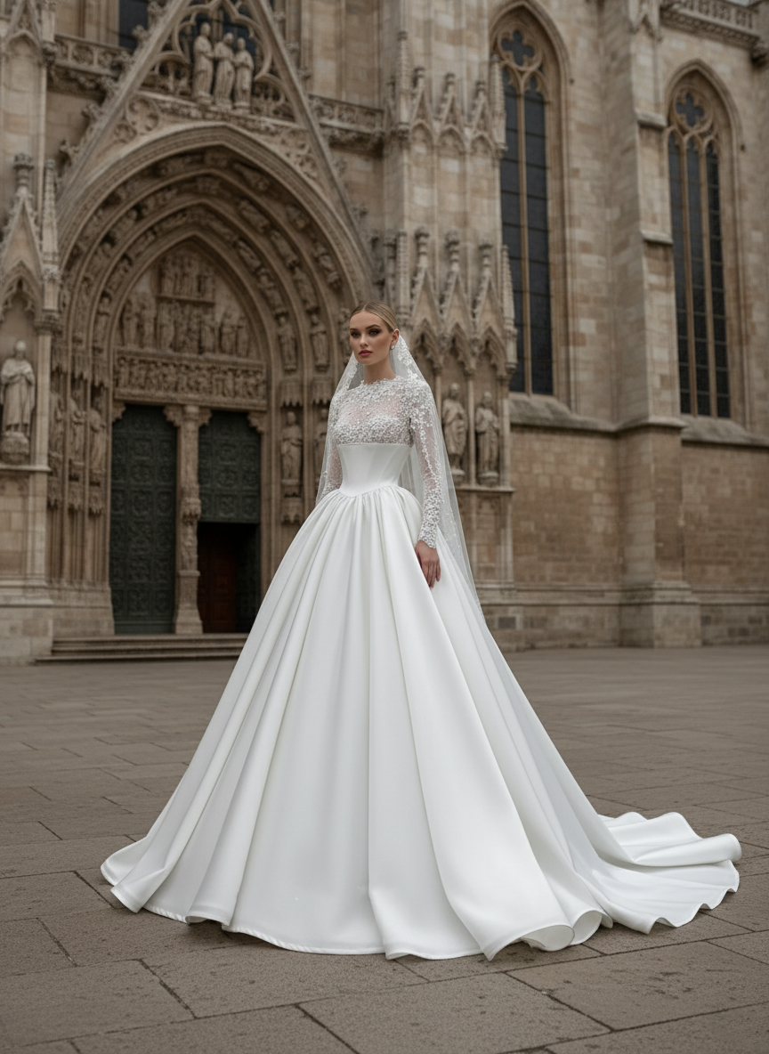 Ethereal Lace Long-Sleeve Wedding Gown with Satin Corset