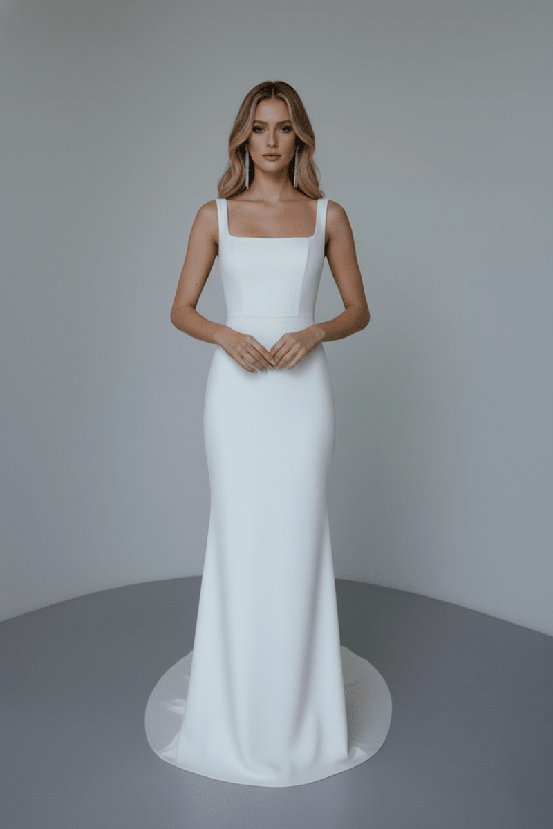 Minimalist Fitted Wedding Dress Square Neck Satin Bridal Gown Elegant Sheath Dress - Wedding Dress - SilqueBridal