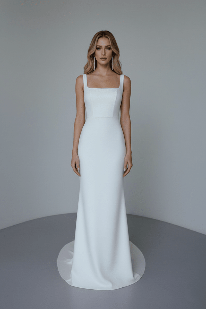 Minimalist Fitted Wedding Dress Square Neck Satin Bridal Gown Elegant Sheath Dress - Wedding Dress - SilqueBridal