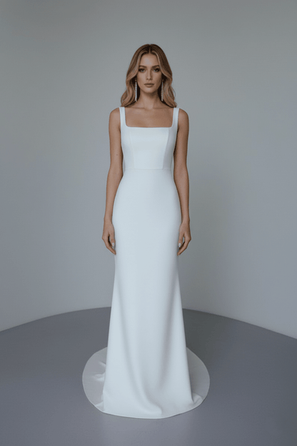 Minimalist Fitted Wedding Dress Square Neck Satin Bridal Gown Elegant Sheath Dress - Wedding Dress - SilqueBridal