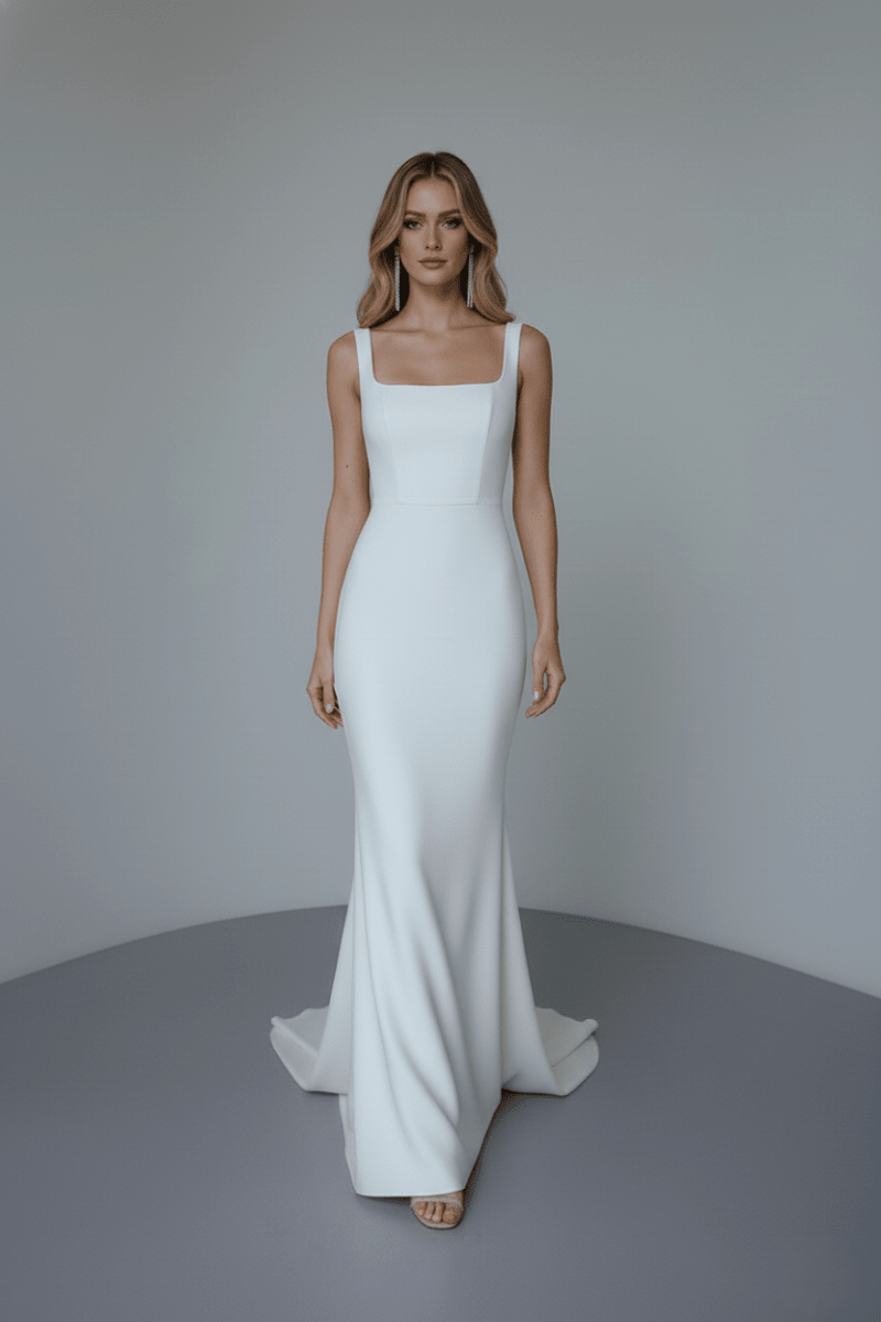 Minimalist Fitted Wedding Dress Square Neck Satin Bridal Gown Elegant Sheath Dress - Wedding Dress - SilqueBridal