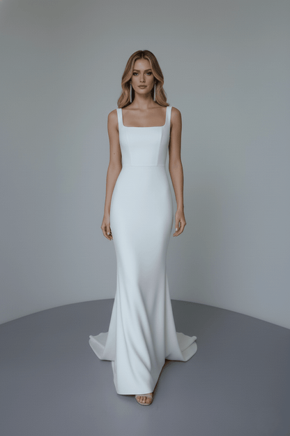 Minimalist Fitted Wedding Dress Square Neck Satin Bridal Gown Elegant Sheath Dress - Wedding Dress - SilqueBridal