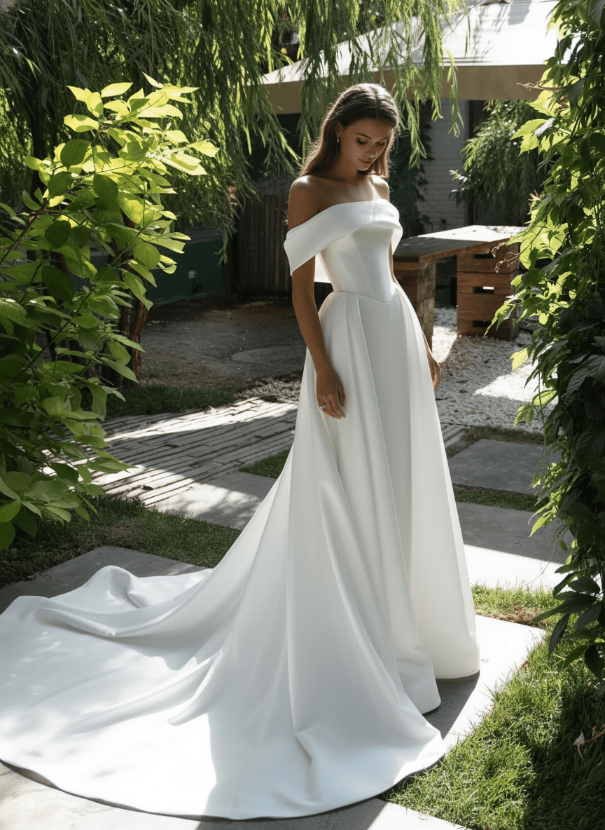 Minimalist Off-Shoulder Satin Wedding Dress Elegant A-Line Silhouette - 12 Minimalist Off-Shoulder Satin Wedding Dress Elegant A-Line Silhouette - 12
