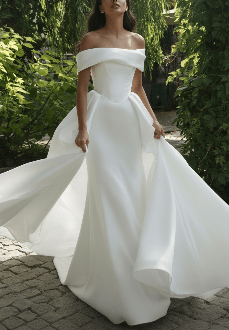 navy blue dress for baby girl Minimalist Off-Shoulder Satin Wedding Dress – Elegant A-Line Silhouett –  SilqueBridal