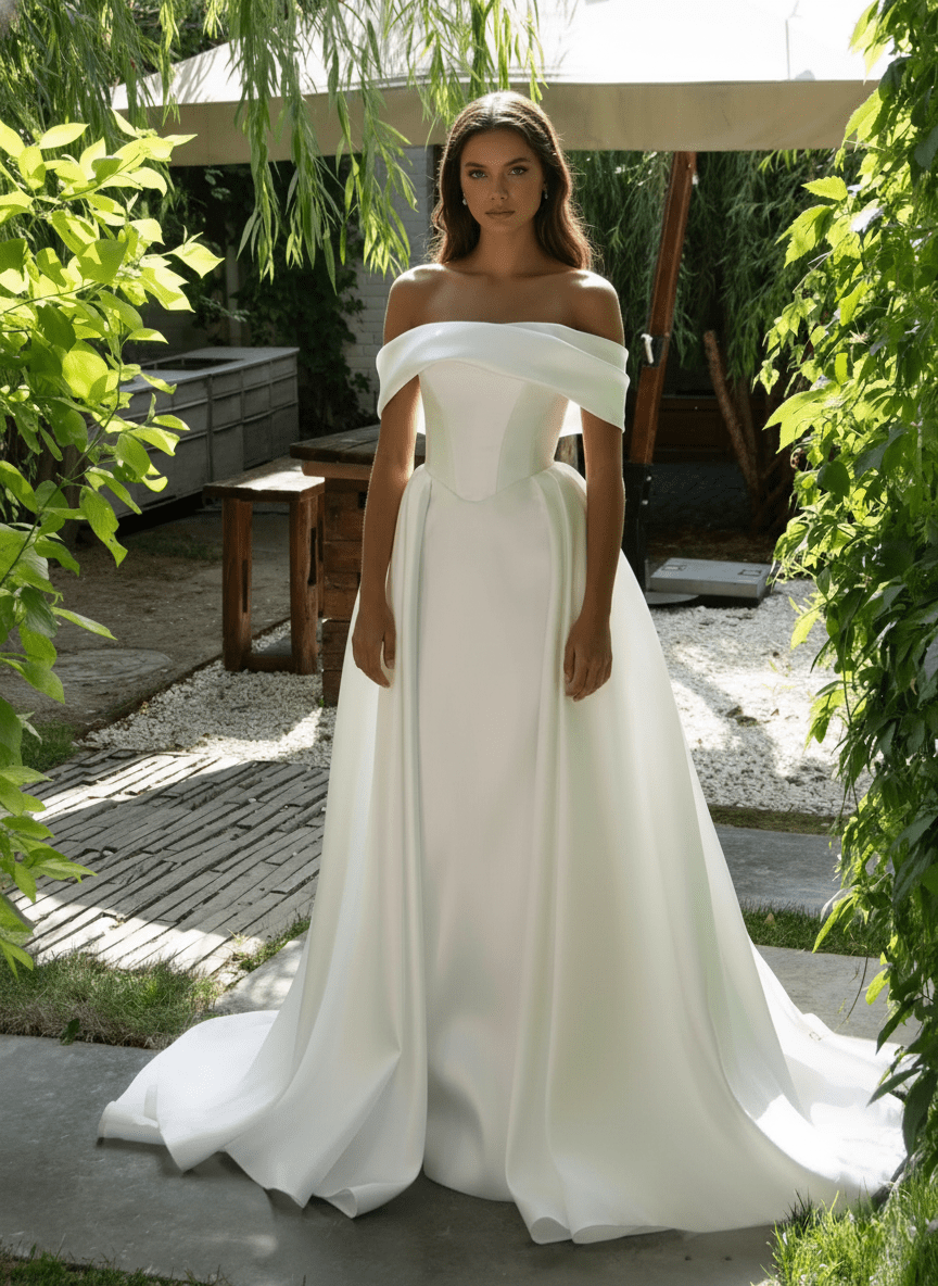 Minimalist Off - Shoulder Satin Wedding Dress – Elegant A - Line Silhouette - Wedding Dress - SilqueBridal