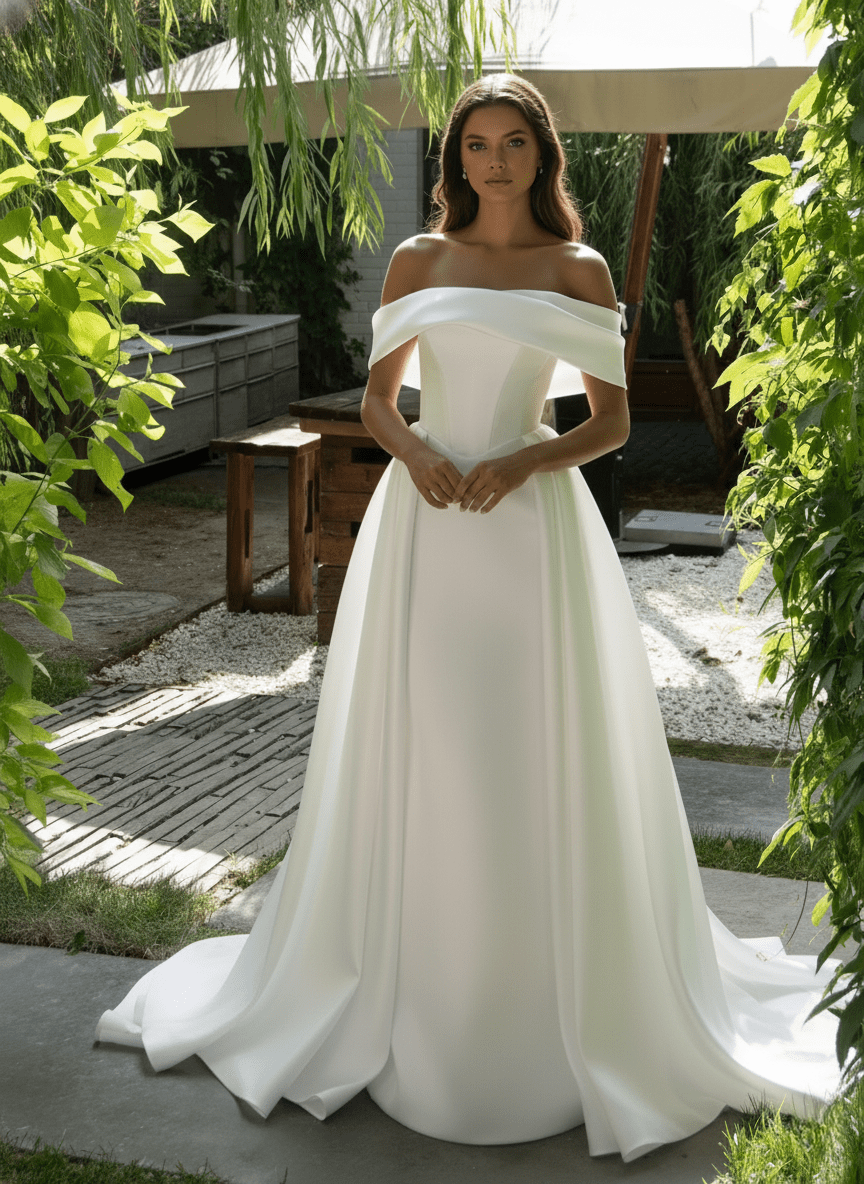 a line dress pattern simplicity Minimalist Off-Shoulder Satin Wedding Dress – Elegant A-Line Silhouette