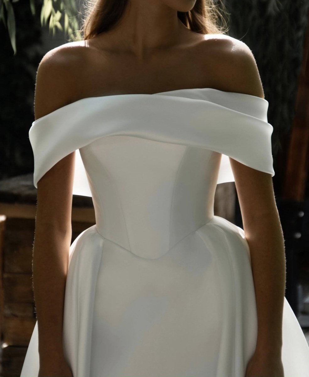 Minimalist Off - Shoulder Satin Wedding Dress – Elegant A - Line Silhouette - Wedding Dress - SilqueBridal